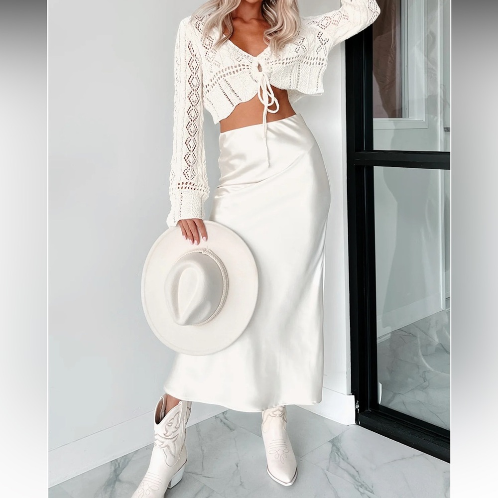 Posh Direction Satin Midi Skirt (Cream)